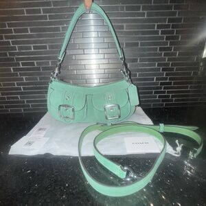 COACH Ashton Mint Green Suede Leather Buckle Shoulder Bag